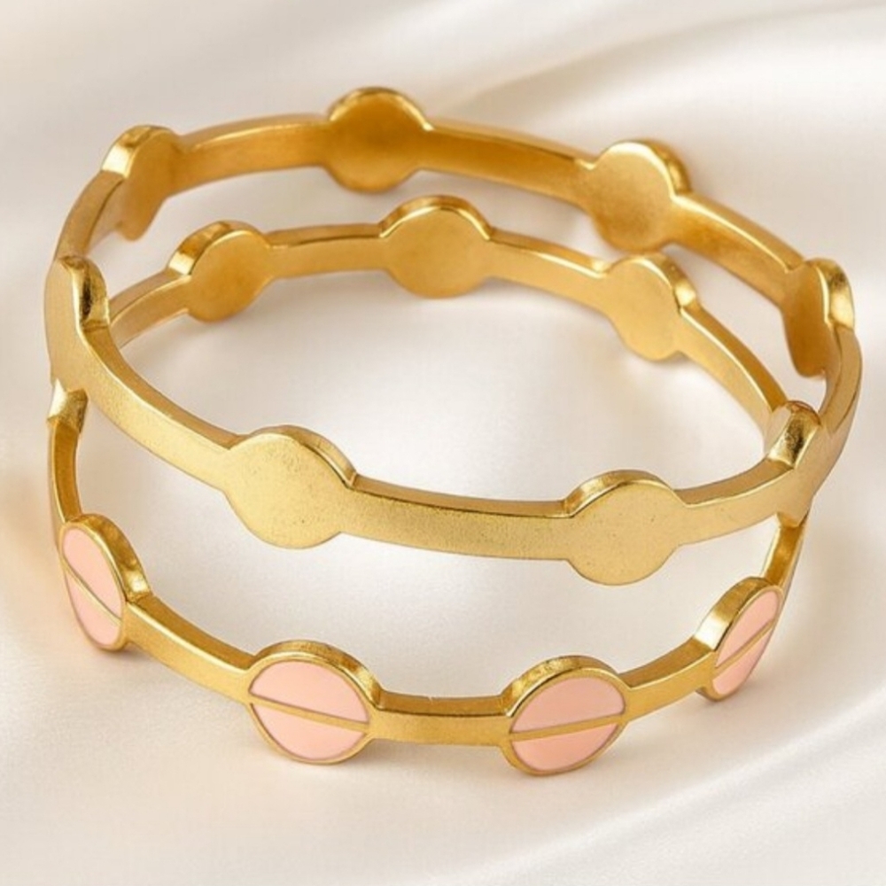 Set of 2 Polished Gold-Tone Pink Bangle Bracelets for Elegant and Chic Women